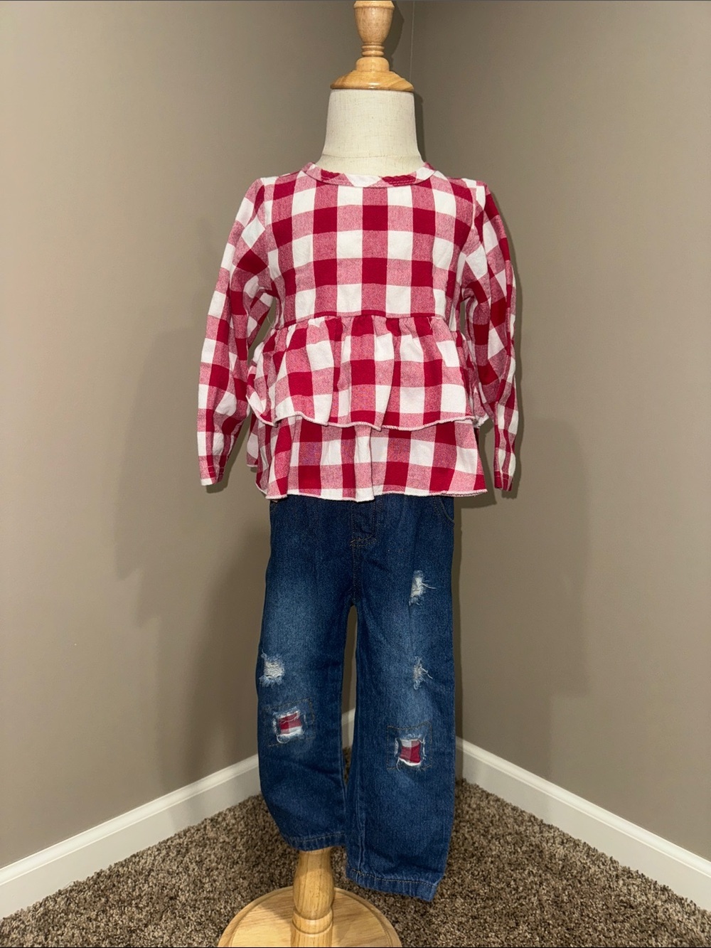 Girls Red & White Buffalo Check Ruffled Top
